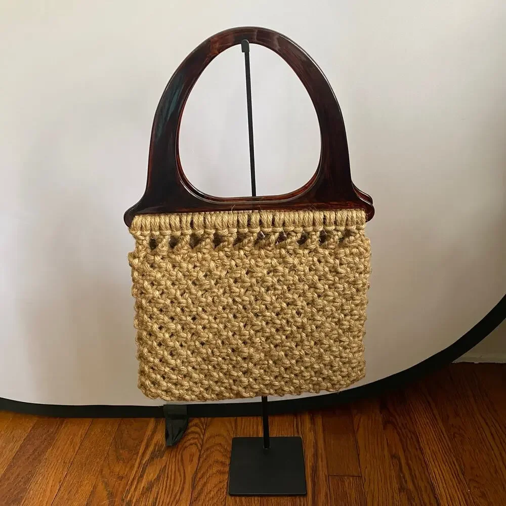 Vintage Macrame Beige Woven Handbag With Bakelite Lucite Handles Handmade Boho